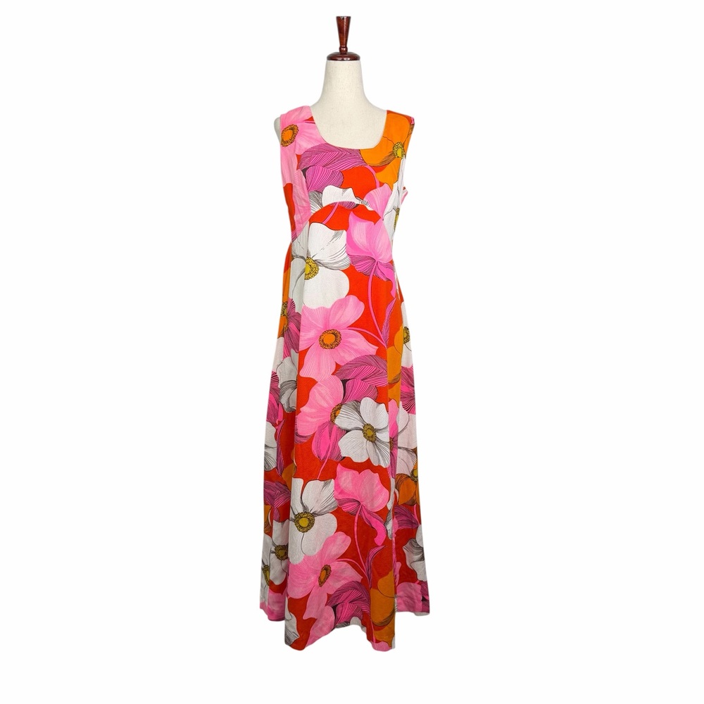 Hawaii Nei Vintage 60's 70's Honolulu Maxi Dress Retro Mod Floral Pink Orange S